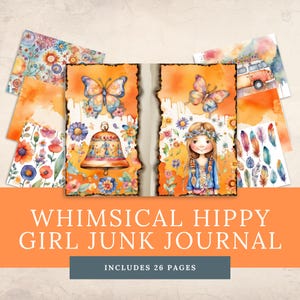 Ordures hippie journal papier numérique boho fantaisiste orange carte fille hippie éphémère pour amateur d'artisanat scrapbook clipart vw van papier d'art numérique