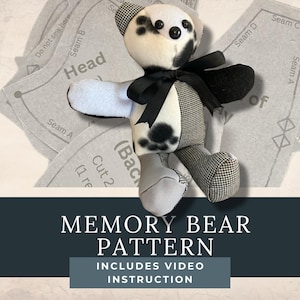 May include: A black and white memory bear pattern with a black bow tie. The pattern includes instructions for sewing a memory bear. The text on the pattern says "Memory Bear Pattern" and "Includes Video Instruction".