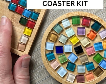 Mosaic Tile Coaster Kit - DIY Stained Glass Craft with Bamboo Base, Tiles, Glue & Grout Round or Square coasters, Perfect Gift for crafter