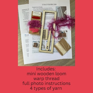 May include: A craft kit with a mini wooden loom, warp thread, and four types of yarn. The kit includes full photo instructions. The image shows the loom, yarn samples, and instructions on a white surface.