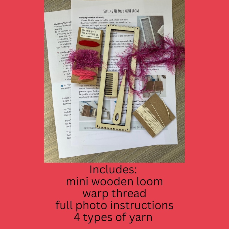 May include: A craft kit with a mini wooden loom, warp thread, and four types of yarn. The kit includes full photo instructions. The image shows the loom, yarn samples, and instructions on a white surface.