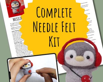 Beginner Needle Felting Kit Cute Penguin with Wool Tools Video Tutorial Easy Starter Craft kit Supplies DIY Needle Felt Animal kit wool felt