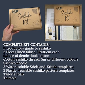 May include: A craft kit in a brown box labeled "Sashiko Kit" with the "Craft and Creature" logo. The kit includes linen fabric, cotton thread, a needle, templates, and chalk. The text "COMPLETE KIT CONTAINS:" is visible.