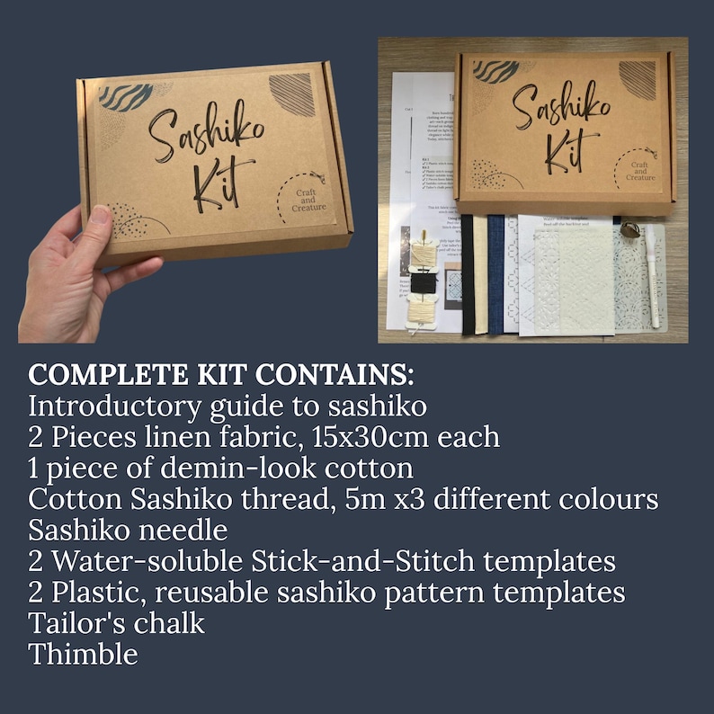May include: A craft kit in a brown box labeled "Sashiko Kit" with the "Craft and Creature" logo. The kit includes linen fabric, cotton thread, a needle, templates, and chalk. The text "COMPLETE KIT CONTAINS:" is visible.