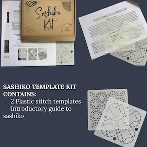 May include: A Sashiko Kit with a brown box, the text "Sashiko Kit", and the words "Craft and Creature". The kit contains two plastic stitch templates and an introductory guide to sashiko.