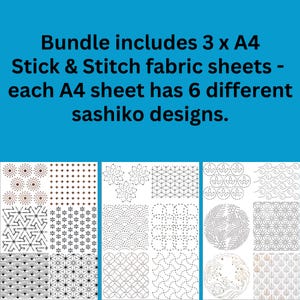 May include: A bundle of three A4 Stick & Stitch fabric sheets with six different sashiko designs each. The designs include various geometric and floral patterns in black and brown.