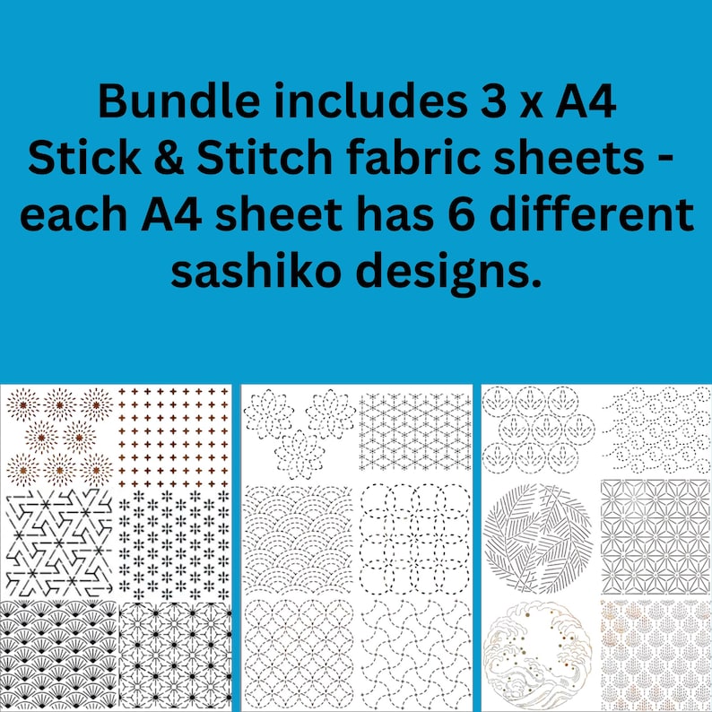 May include: A bundle of three A4 Stick & Stitch fabric sheets with six different sashiko designs each. The designs include various geometric and floral patterns in black and brown.