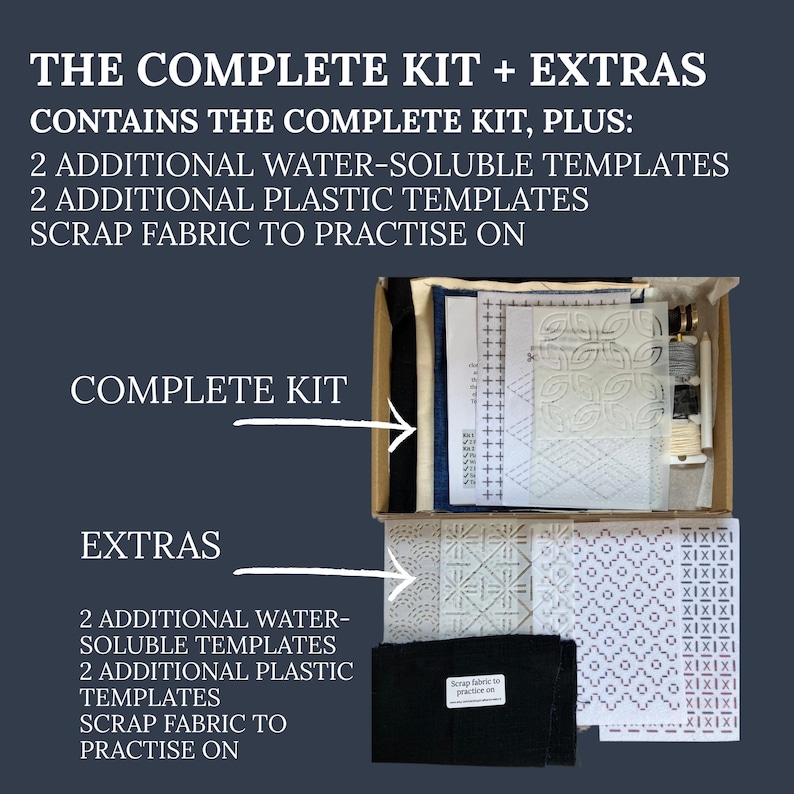 May include: A complete kit with extras, including water-soluble and plastic templates, and scrap fabric. The kit contains a complete kit, plus additional templates and fabric for practice. The text on the image reads: "THE COMPLETE KIT + EXTRAS".
