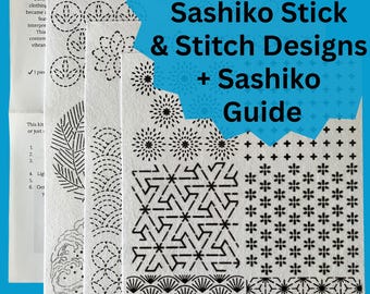 May include: A bundle of Sashiko stitch designs and a guide. The designs feature various black and white patterns, including geometric shapes and floral motifs. The text on the cover reads "Bundle 18 Sashiko Stick & Stitch Designs + Sashiko Guide."
