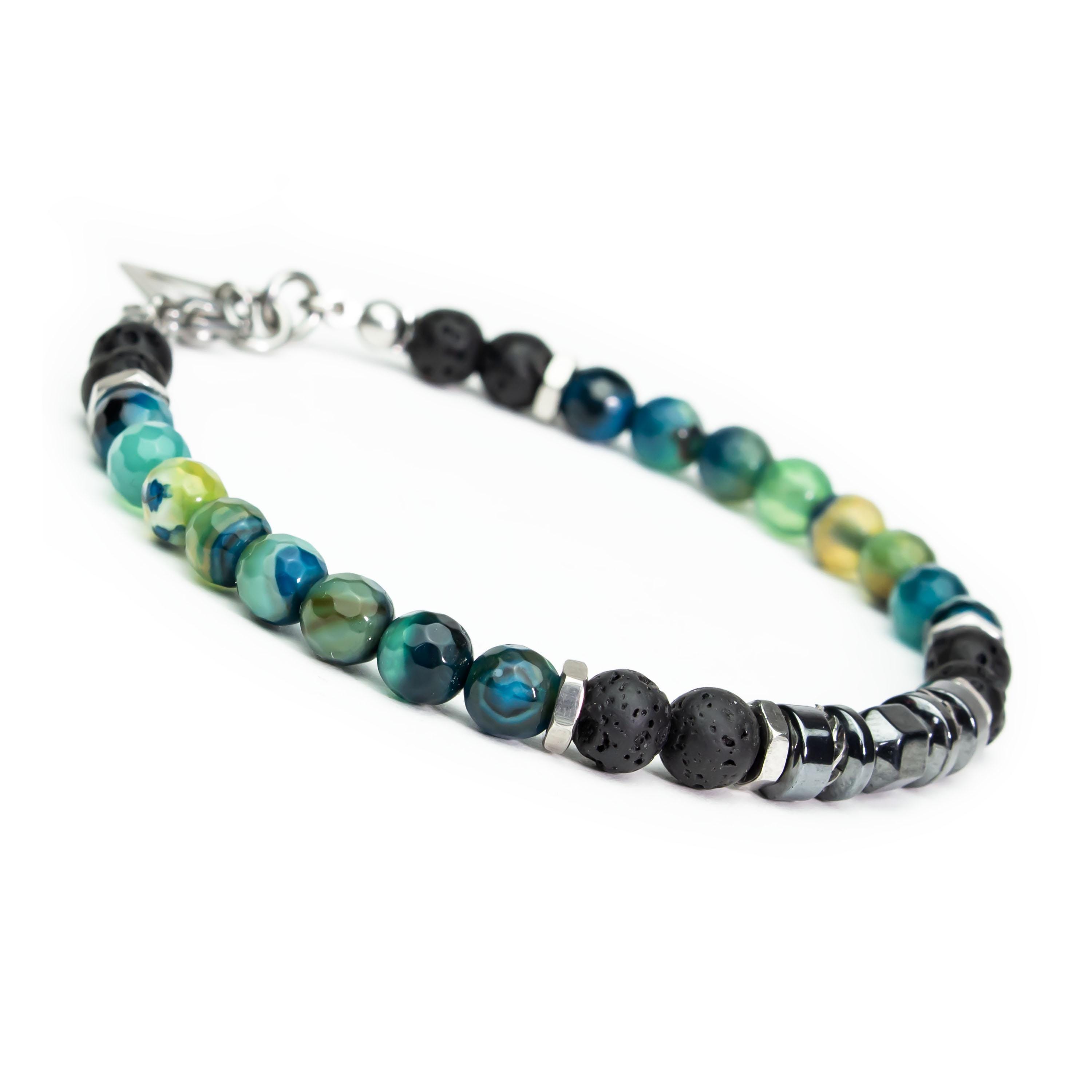 Men's Women's Bracelet Beads 6 mm Natural Stone Ocean Blue Agate, Lava, Hematite, Stainless Steel Silver Color Handmade France 1000ola