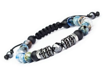 Bracelet Homme Femme perles 8mm pierres naturelles Agate Craquelée Veine de Dragon Hématite - Acier inoxydable fabriqué France 1000ola
