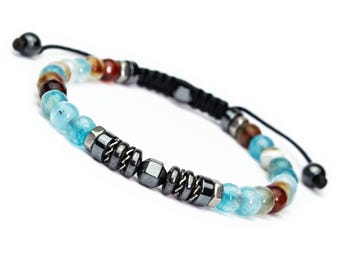 Bracelet Homme Femme perles 8mm pierres naturelles Agate Craquelée Veine de Dragon Hématite - Acier inoxydable fabriqué France 1000ola