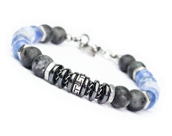 Bracelet Homme Femme perles 6 mm pierre naturelle Agate bleu océan, Lave, Hématite, acier inoxydable couleur argent fait main France 1000ola