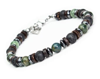 EXCLUSIF | Bracelet tibétain énergétique Homme Femme – Perles 6mm Agate vert, Lave, Hématite, Bois coco – Bijou fait main en France