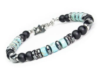 Bracelet Homme Femme perles 6 mm pierre naturelle Agate Howlite Turquoise Hématite, acier inoxydable couleur argent fait main France 1000ola