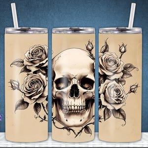 Vintage Skull & Roses Tumbler Wrap: Gothic Floral PNG (20 oz Tumbler Sublimation Design)