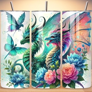 Dragon 20oz Skinny Tumbler Wrap, Fantasy Dragon Sublimation Design, Fairy Animal Tumbler PNG, Floral Dragon Tumbler, Digital Download