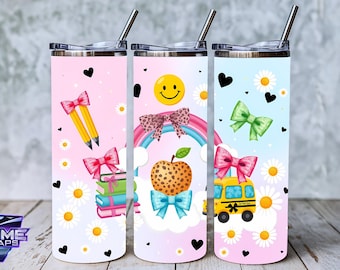 Teacher Tumbler Wrap PNG, Coquette School Seamless 20oz Skinny Sublimation Design, Digital Download