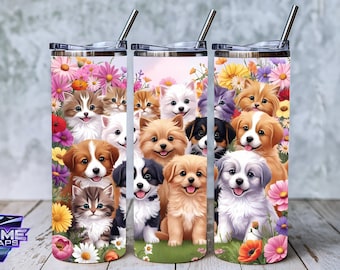 Envoltura para vaso con diseño floral de perros y gatos PNG: Sublimación de vaso delgado de 20 oz (descarga digital)