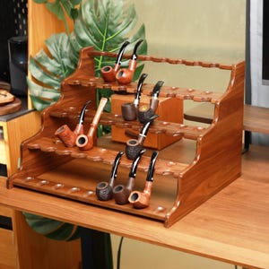 32 Slot Walnut Pipe Rack – Handmade Wooden Tobacco Pipe Holder & Display Stand | Tiered Pipe Storage Organizer | Rustic Gift for Him