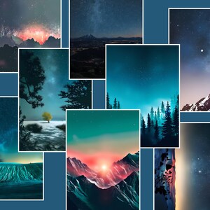 May include: A collage of images featuring celestial and landscape scenes. The images showcase starry night skies, mountains, and trees. The color palette includes shades of blue, teal, and red, creating a serene and atmospheric aesthetic.