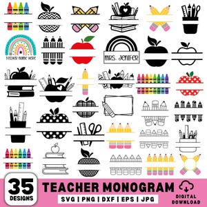Paquete de monogramas de maestro SVG, monograma dividido de maestro SVG, nombre de maestro SVG, camiseta de maestro SVG, maestro SVG, regreso a clases SVG, vida de maestro