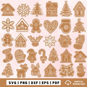 Könnte beinhalten: Eine Sammlung brauner und weißer Illustrationen zum Thema Weihnachten. Das Bild zeigt Lebkuchenhäuser, Schneeflocken, Weihnachtsbäume, einen Lebkuchenmann, ein Herz, einen Handschuh, einen Strumpf, den Weihnachtsmann, eine Zuckerstange, Rentiere, Glocken und einen Schneemann. Der untere Teil des Bildes enthält den Text "SVG | PNG | DXF | EPS | PDF".