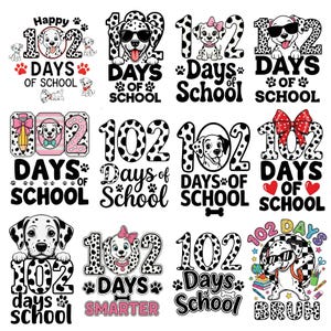 Puede incluir: Una colección de diseños con temática de dálmatas que celebran "102 días de escuela". Cada diseño presenta un perro dálmata con el número 102, huellas de patas y varios elementos decorativos. Los diseños son en blanco y negro con toques de color.