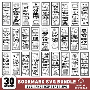 May include: A set of 30 black and white bookmark designs with reading-themed quotes. Each bookmark features text and illustrations of books, flowers, and stars. The bundle includes digital download formats.