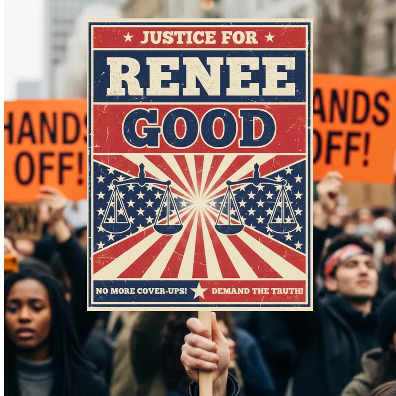 May include: A protest sign held up in a crowd, with the words "JUSTICE FOR RENEE GOOD" in bold, vintage-style lettering. The sign features a red, white, and blue color scheme with a starburst design and scales of justice. The text "NO MORE COVER-UPS! DEMAND THE TRUTH!" is also visible.