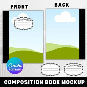 May include: Composition book mockup with front and back cover designs. The front cover features a label that says "Composition Book" and a landscape design with green hills and a blue sky. The back cover has a cloud and the same landscape design. The words "Composition Book Mockup" are at the bottom.
