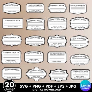 20 Composition Book Label svg Bundle, Composition Notebook Labels, Composition Book svg, Notebook cover print,Teacher gift,Notebook Template