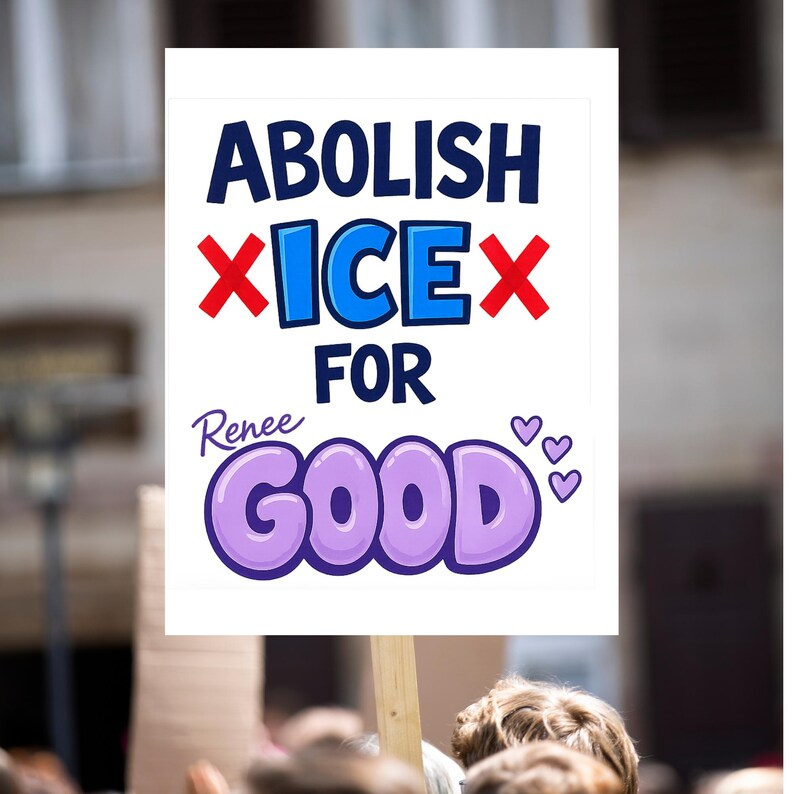 May include: A white sign with the words "ABOLISH ICE FOR GOOD" in blue and purple bubble letters. The word "ICE" has red "X"s through it. The name "Renee" is written in cursive. Three purple hearts are at the bottom.