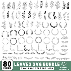 Pacchetto SVG di foglie, foglie disegnate a mano in formato SVG, foglie di carta, modelli di foglie, piante in formato SVG, ghirlande, bordi di foglie in formato SVG, clipart di foglie, silhouette Cricut