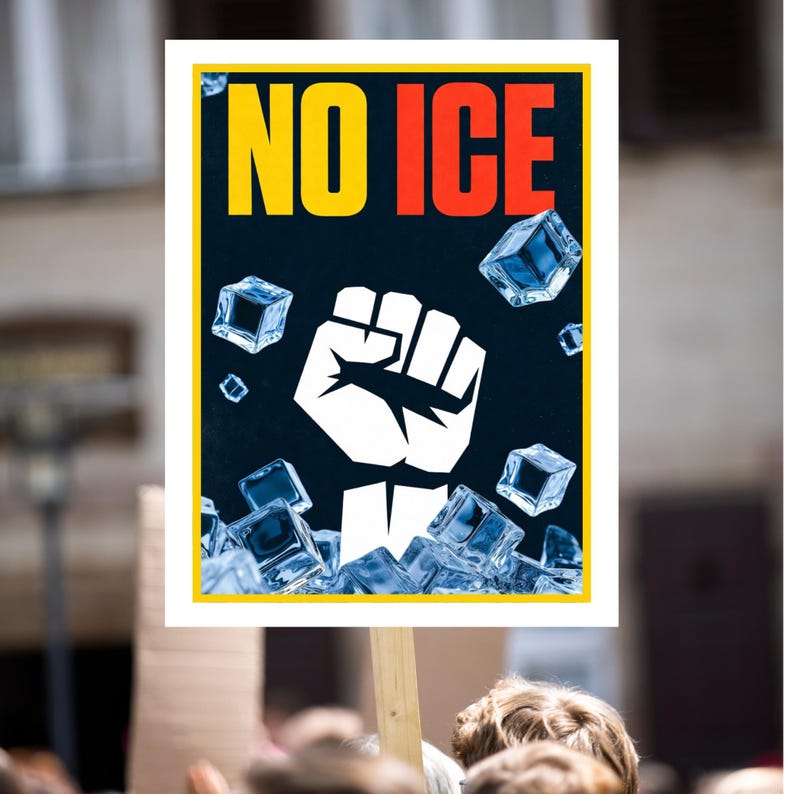 May include: A protest sign with the words "NO ICE" in yellow and red, above a white fist symbol. The background is dark blue with scattered ice cubes. The sign is held up in a crowd.
