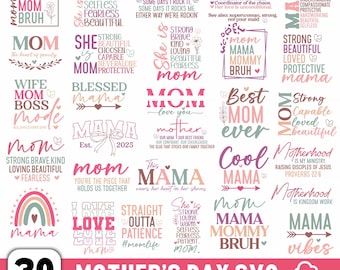 May include: A collection of 30 Mother's Day SVG designs in various fonts and styles. The designs feature phrases like "Mama," "Mom," and "Best Mom Ever," along with other related words and graphics. The image includes file formats: SVG, PNG, DXF, EPS, and JPG.