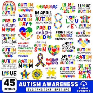 Puede incluir: Un conjunto de 45 diseños digitales para la concienciación sobre el autismo. Los diseños presentan piezas de rompecabezas, cintas, mariposas, corazones y texto como "Concienciación sobre el autismo", "Orgulloso papá autista", "Lucha por la concienciación sobre el autismo" y "Mi hermana es genial".