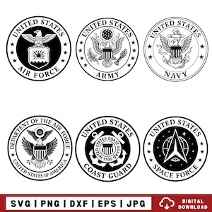 Paquete de logotipos militares de EE. UU. en formato SVG y PNG, del ejército, de la marina, de la fuerza aérea, de la guardia costera, de la fuerza espacial, insignias artesanales, patrióticas y corte láser.