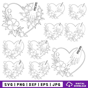 1～10個の花とハートの手、お母さん/おばあちゃんとお子様のSVG PNGバンドル、母の日のデジタルファイル、カスタム名入りの手形、お子様の名前SVG PNG、最高のお母さんSVG