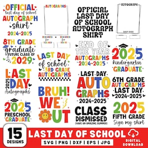 Último día de clases 2025 (Svg, PNG), Fin de clases (Svg), Autógrafos del último día 2025, Camiseta oficial de autógrafos, ¡Nos vamos! (Png), Maestros, Niños