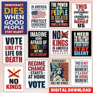 May include: A collection of digital download posters with political messages. The posters feature bold text and graphics, including the Statue of Liberty, the American flag, and various calls to action related to democracy and voting.