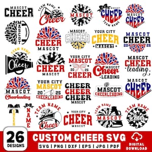 26 svg de equipo de porristas personalizado, svg de porristas personalizado, paquete de svg de porristas, camiseta con nombre de equipo personalizado, svg de camiseta de porristas personalizada, svg de pompón de porristas