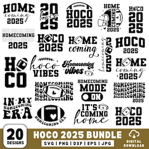 May include: A collection of 20 black and white Homecoming 2025 designs. The designs include text such as "Homecoming," "HOCO 2025," and "Homecoming Vibes," along with football graphics. The bundle is available in SVG, PNG, DXF, EPS, and JPG formats.