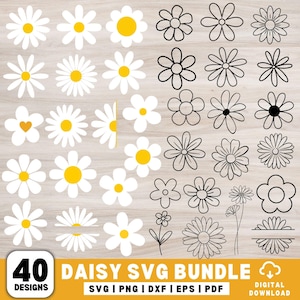 Paquet de marguerites SVG, fleurs de marguerite SVG, clipart de fleur de marguerite, fleur SVG, SVG de marguerite simple, SVG printemps-été, fichier de découpe de fleur rétro, marguerite DXF