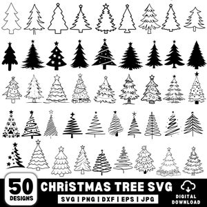 Könnte beinhalten: Eine Sammlung von 50 Weihnachtsbaum-Designs in Schwarz und Weiß. Das Bild zeigt verschiedene Stile, von einfachen Umrissen bis hin zu detaillierten Illustrationen, mit einem Stern an der Spitze. Der Text unten lautet "CHRISTMAS TREE SVG" und "DIGITAL DOWNLOAD".
