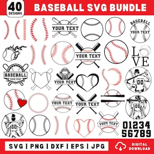 Może przedstawiać: Zestaw 40 wzorów SVG o tematyce baseballowej w kolorach czerwonym i czarnym. Zawiera piłki do baseballu, kije, serca i elementy tekstowe, takie jak "YOUR TEXT" i cyfry 0-9. Dostępne formaty: SVG, PNG, DXF, EPS i JPG.