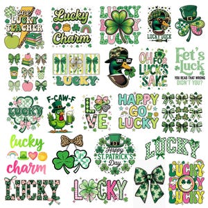 Könnte beinhalten: Eine Sammlung von Grafiken zum St. Patrick's Day mit Kleeblättern, Schleifen, Enten und Text. Designs beinhalten "Lucky Charm", "Happy St. Patrick's Day" und "Lucky Duck". Farben sind Grün, Rosa und Gelb.