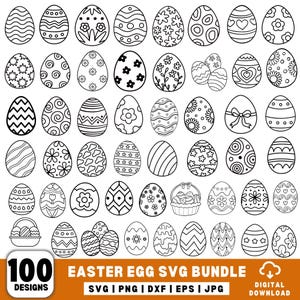 Pode incluir: Um conjunto de 100 designs de ovos de Páscoa SVG em preto e branco. Os ovos são decorados com vários padrões, incluindo listras, bolinhas, corações, flores e formas geométricas.