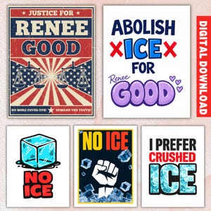 Puede incluir: Una colección de impresiones digitales con temas políticos y de justicia social. Las impresiones presentan texto y gráficos, incluyendo las frases "Justice for Renee Good", "Abolish ICE for Good" y "No Ice".
