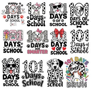 Könnte beinhalten: Eine Sammlung von Designs zum Thema Dalmatiner mit dem Text "101 Schultage". Die Designs zeigen Dalmatinerhunde, Pfotenabdrücke, Herzen, Schleifen und Sonnenbrillen. Der Text ist in verschiedenen Schriftarten und Farben gehalten.